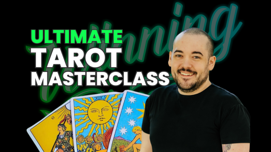 Chris Reck of Minnow Pond Tarot standing in front of tarot cards with the title 'Ultimate Tarot Masterclass' against a black background.