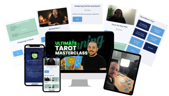 Minnow Pond Tarot Masterclass preview of course modules across desktop and mobile
